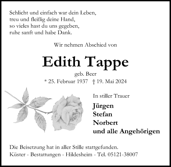 Traueranzeige von Edith Tappe von Göttinger Tageblatt