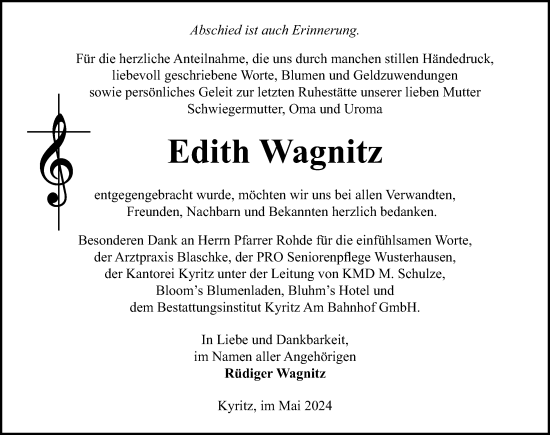 Traueranzeige von Edith Wagnitz von Märkischen Allgemeine Zeitung