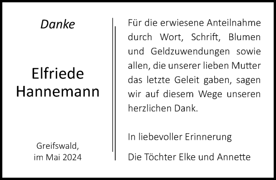 Traueranzeige von Elfriede Hannemann von Ostsee-Zeitung GmbH