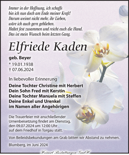 Traueranzeige von Elfriede Kaden von Torgauer Zeitung