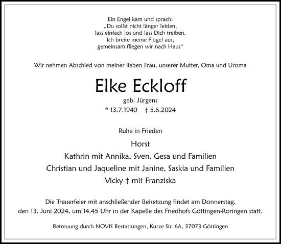 Traueranzeige von Elke Eckloff von Göttinger Tageblatt