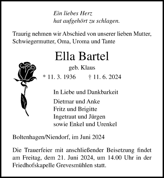 Traueranzeige von Ella Bartel von Ostsee-Zeitung GmbH