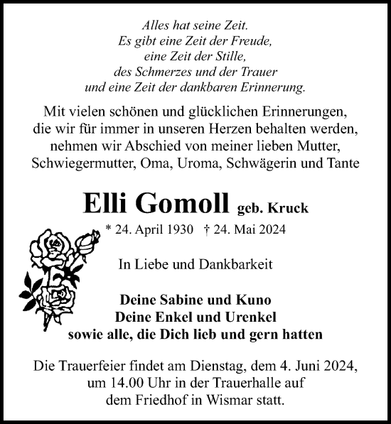 Traueranzeige von Elli Gomoll von Ostsee-Zeitung GmbH