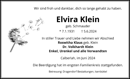 Traueranzeige von Elvira Klein von Aller Zeitung