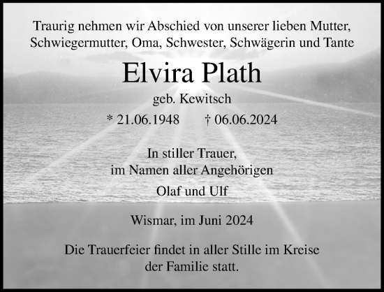 Traueranzeige von Elvira Plath von Ostsee-Zeitung GmbH