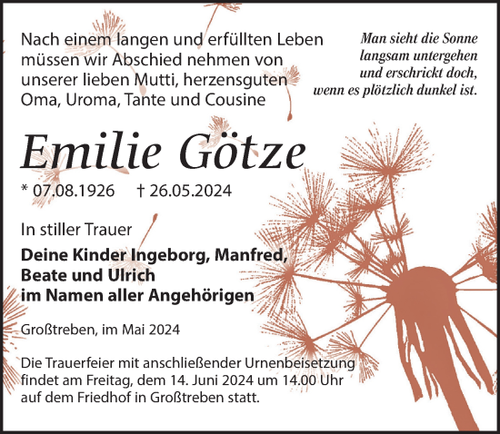 Traueranzeige von Emilie Götze von Torgauer Zeitung