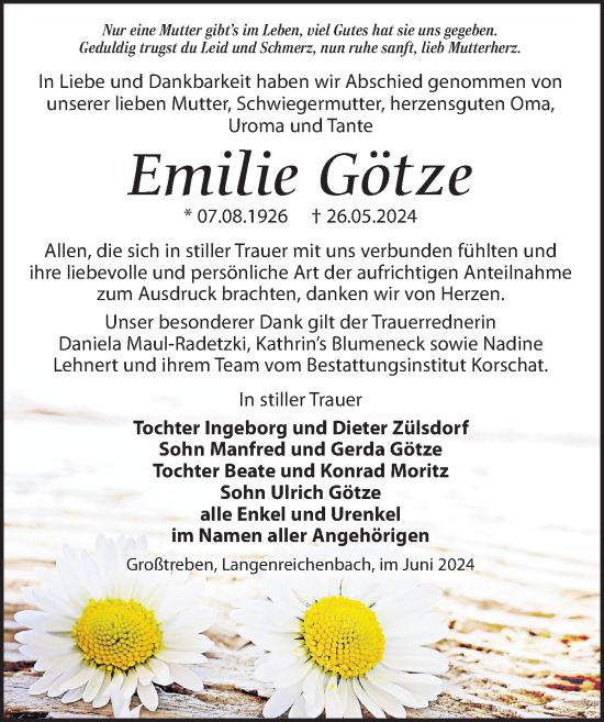 Traueranzeige von Emilie Götze von Torgauer Zeitung