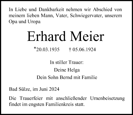 Traueranzeige von Erhard Meier von Ostsee-Zeitung GmbH