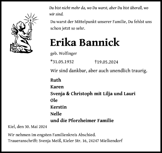 Traueranzeige von Erika Bannick von Kieler Nachrichten