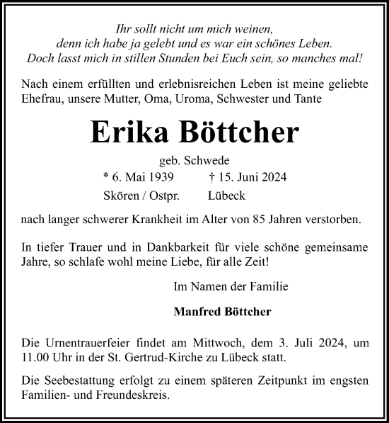 Traueranzeige von Erika Böttcher von Lübecker Nachrichten