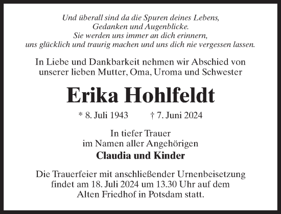 Traueranzeige von Erika Hohlfeldt von Märkischen Allgemeine Zeitung