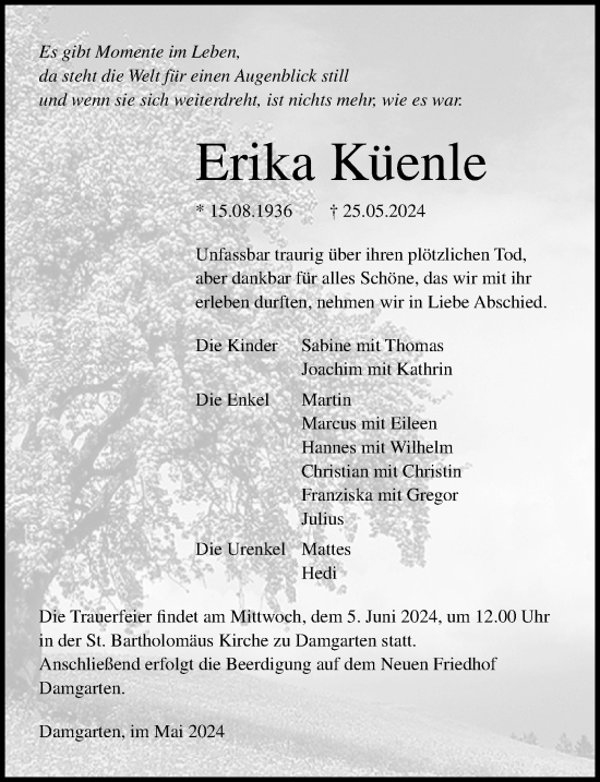 Traueranzeige von Erika Küenle von Ostsee-Zeitung GmbH