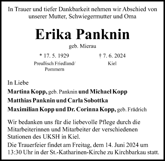 Traueranzeige von Erika Panknin von Kieler Nachrichten