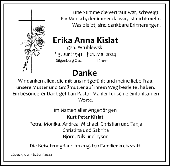 Traueranzeige von Erika Anna Kislat von Lübecker Nachrichten
