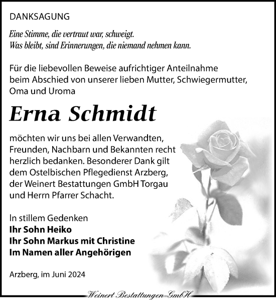 Traueranzeige von Erna Schmidt von Torgauer Zeitung