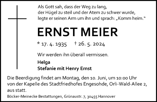 Traueranzeige von Ernst Meier von Hannoversche Allgemeine Zeitung/Neue Presse