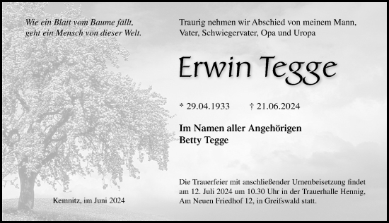 Traueranzeige von Erwin Tegge von Ostsee-Zeitung GmbH