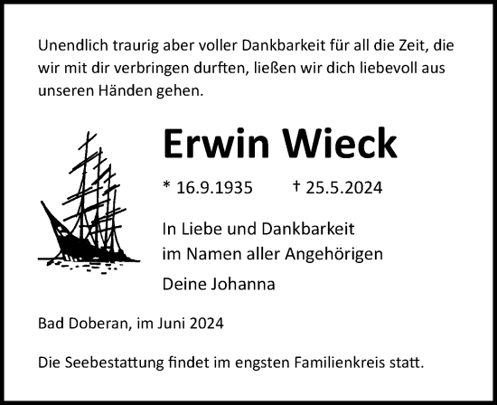 Traueranzeige von Erwin Wieck von Ostsee-Zeitung GmbH