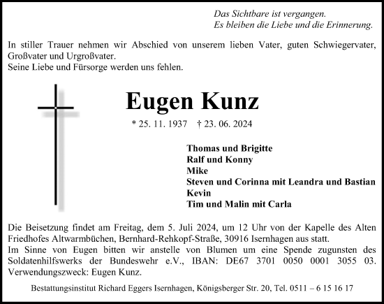 Traueranzeige von Eugen Kunz von Hannoversche Allgemeine Zeitung/Neue Presse