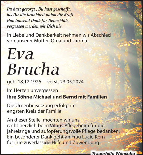 Traueranzeige von Eva Brucha von Leipziger Volkszeitung