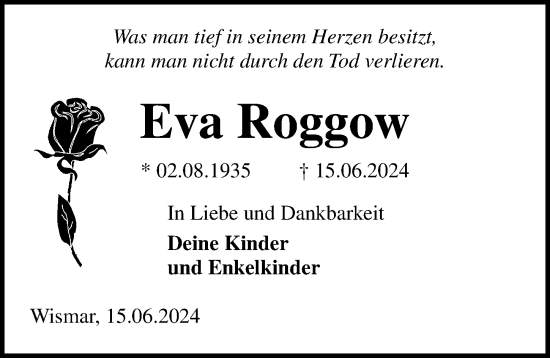 Traueranzeige von Eva Roggow von Ostsee-Zeitung GmbH