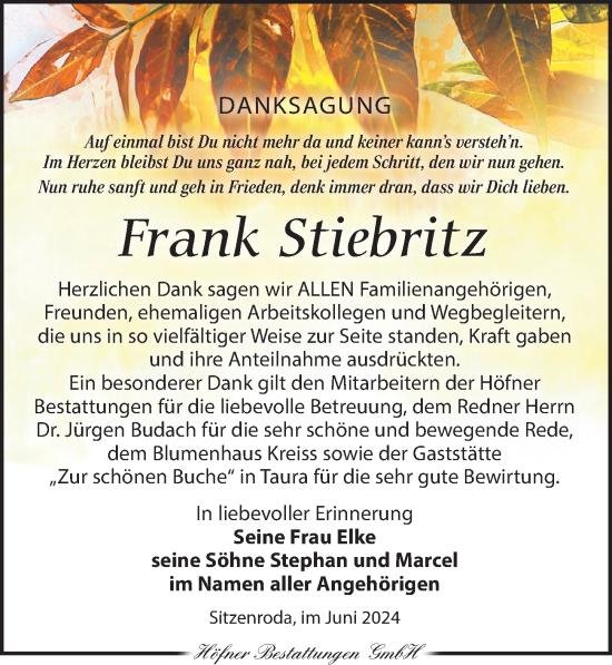 Traueranzeige von Frank Stiebritz von Torgauer Zeitung