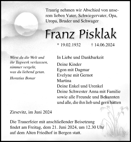 Traueranzeige von Franz Pisklak von Ostsee-Zeitung GmbH