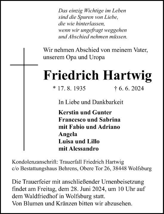 Traueranzeige von Friedrich Hartwig von Aller Zeitung