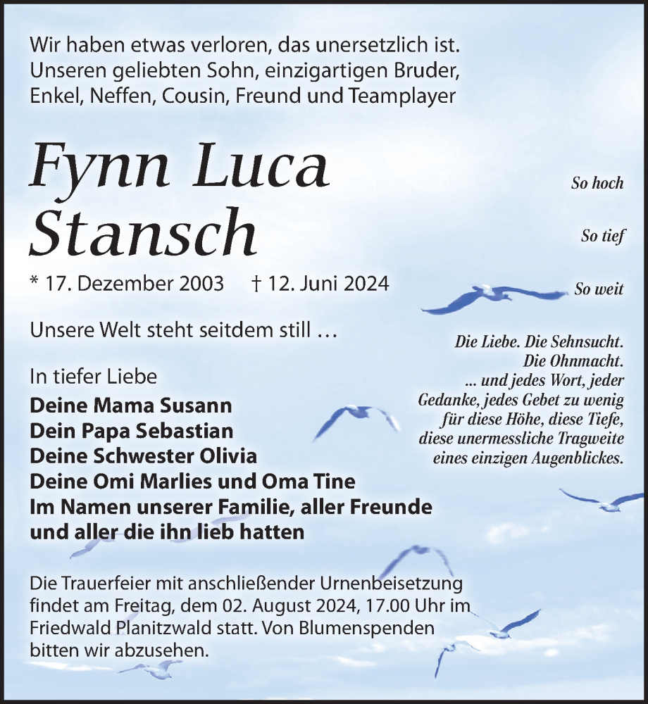  Traueranzeige für Fynn Luca Stansch vom 22.06.2024 aus Leipziger Volkszeitung