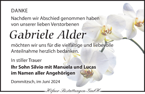 Traueranzeige von Gabriele Alder von Torgauer Zeitung