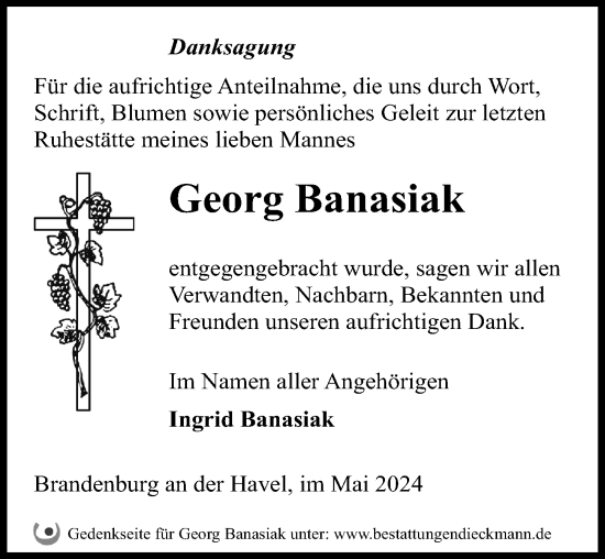 Traueranzeige von Georg Banasiak von Märkischen Allgemeine Zeitung
