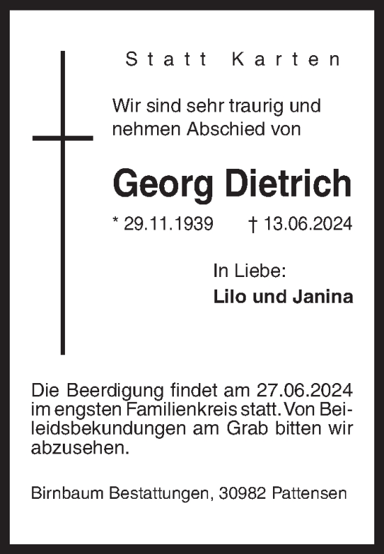 Traueranzeige von Georg Dietrich von Hannoversche Allgemeine Zeitung/Neue Presse