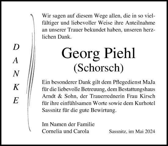 Traueranzeige von Georg Piehl von Ostsee-Zeitung GmbH