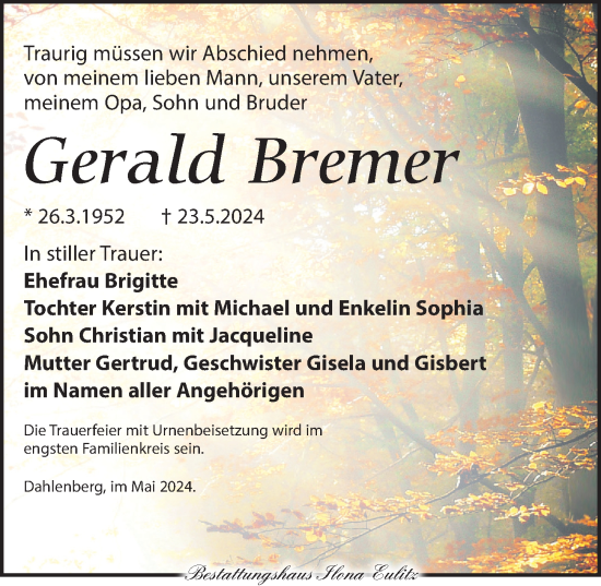 Traueranzeige von Gerald Bremer von Torgauer Zeitung