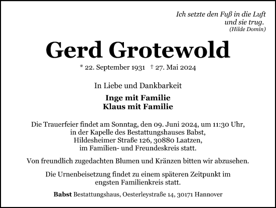 Traueranzeige von Gerd Grotewold von Hannoversche Allgemeine Zeitung/Neue Presse