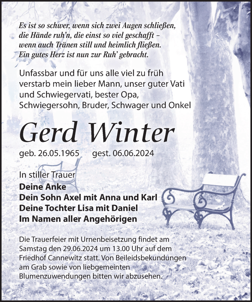  Traueranzeige für Gerd Winter vom 15.06.2024 aus Leipziger Volkszeitung