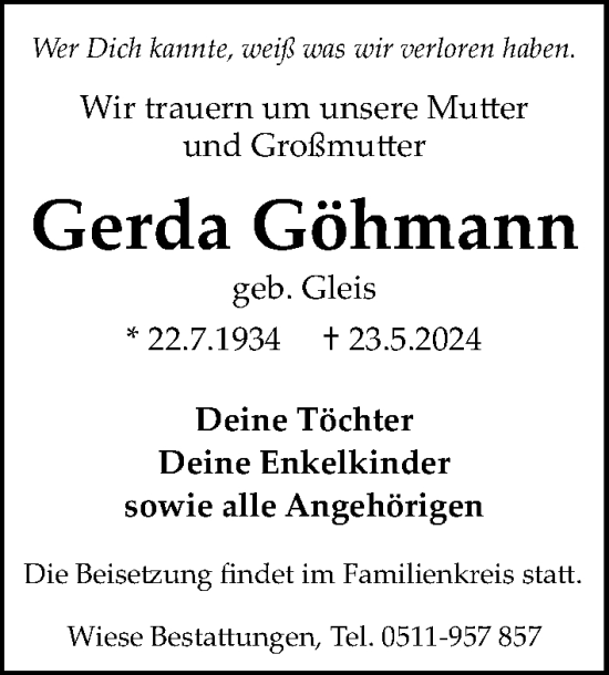 Traueranzeige von Gerda Göhmann von Hannoversche Allgemeine Zeitung/Neue Presse