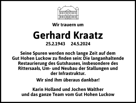 Traueranzeige von Gerhard Kraatz von Ostsee-Zeitung GmbH