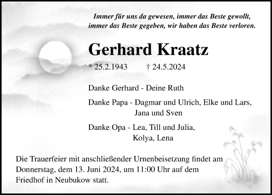 Traueranzeige von Gerhard Kraatz von Ostsee-Zeitung GmbH