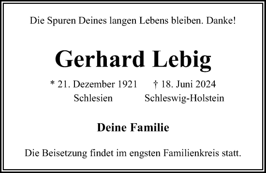 Traueranzeige von Gerhard Lebig von Lübecker Nachrichten
