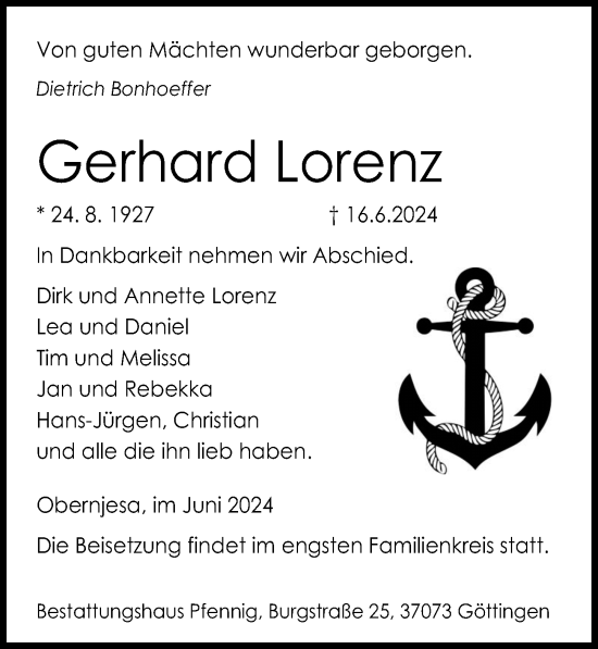 Traueranzeige von Gerhard Lorenz von Göttinger Tageblatt