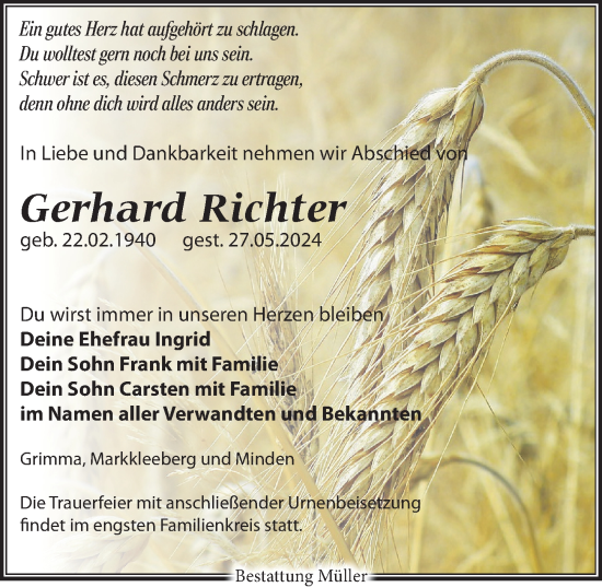 Traueranzeige von Gerhard Richter von Leipziger Volkszeitung