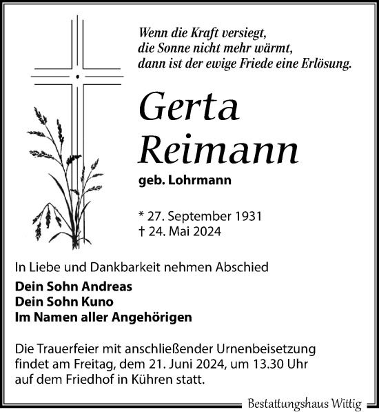 Traueranzeige von Gerta Reimann von Leipziger Volkszeitung