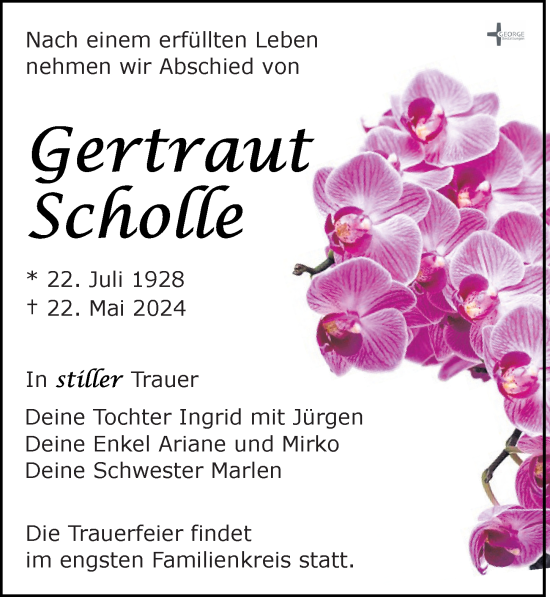 Traueranzeige von Gertraud Scholle von Leipziger Volkszeitung