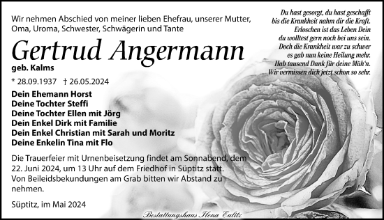 Traueranzeige von Gertrud Angermann von Torgauer Zeitung