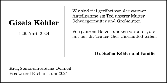 Traueranzeige von Gisela Köhler von Kieler Nachrichten