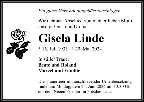 Traueranzeige von Gisela Linde von Märkischen Allgemeine Zeitung