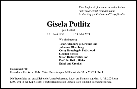 Traueranzeige von Gisela Potlitz von Lübecker Nachrichten