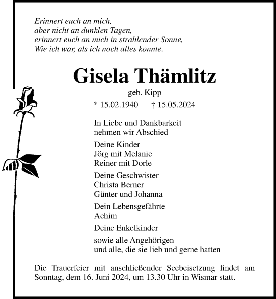 Traueranzeige von Gisela Thämlitz von Ostsee-Zeitung GmbH