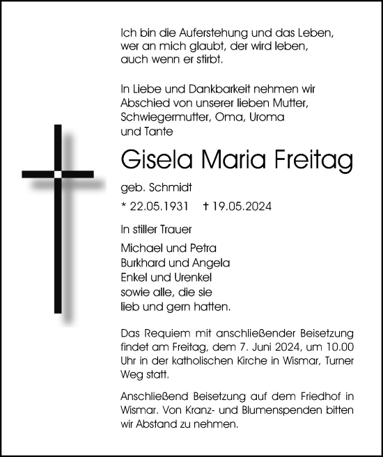 Traueranzeige von Gisela Maria Freitag von Ostsee-Zeitung GmbH